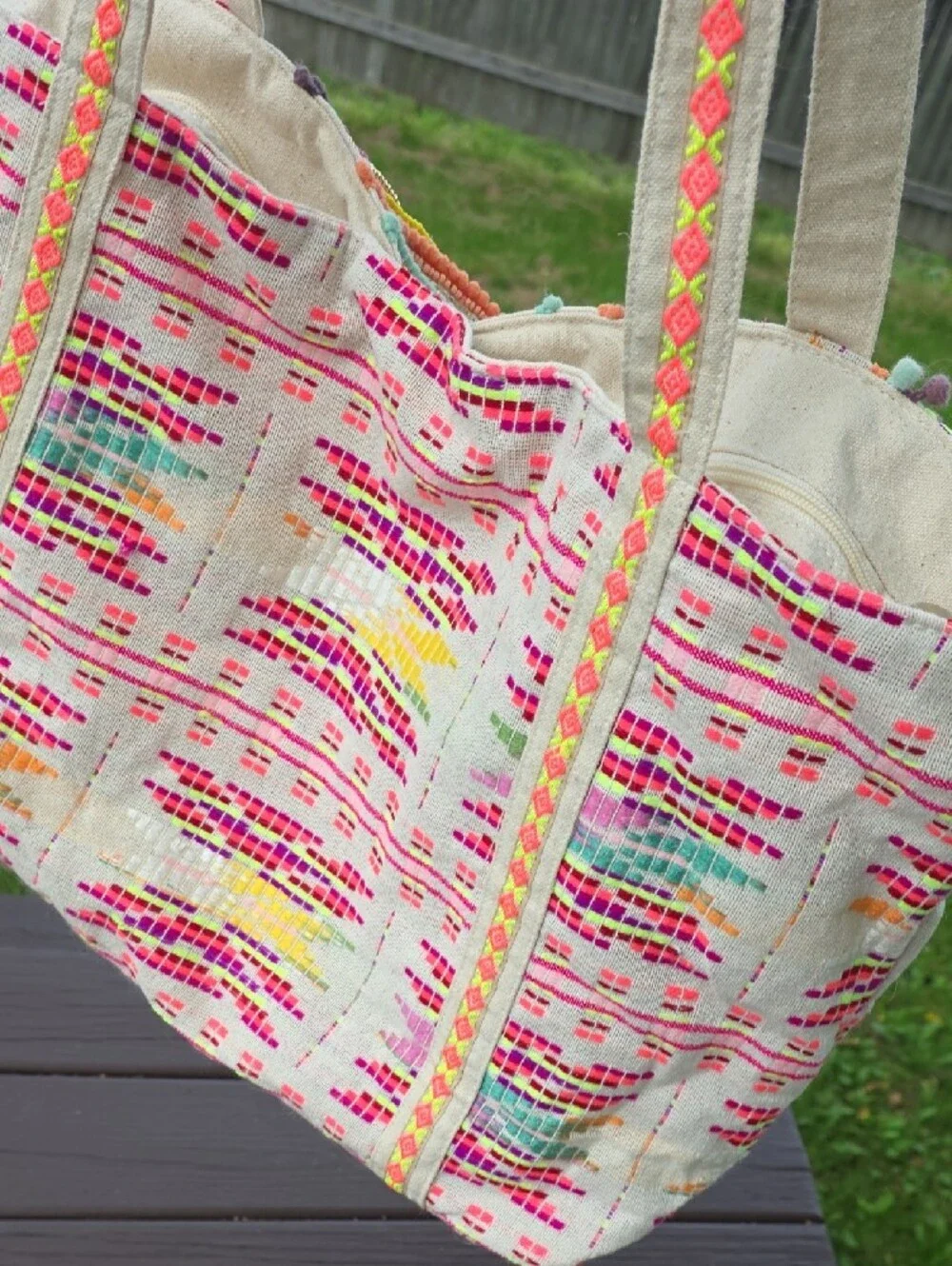 Bohemian Multicolor Embroidered Throw Bag with Pom Trim